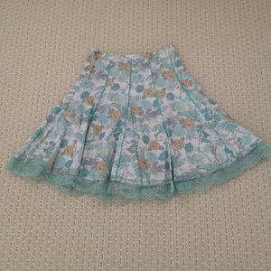 Light blue floral print full skirt with lace trim